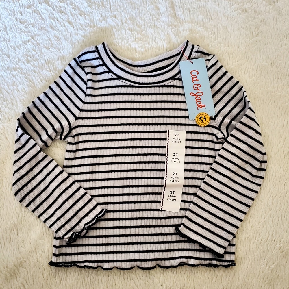 Cat & Jack Girls' Ribbed Long Sleeve Top with Black and White Stripes 2T